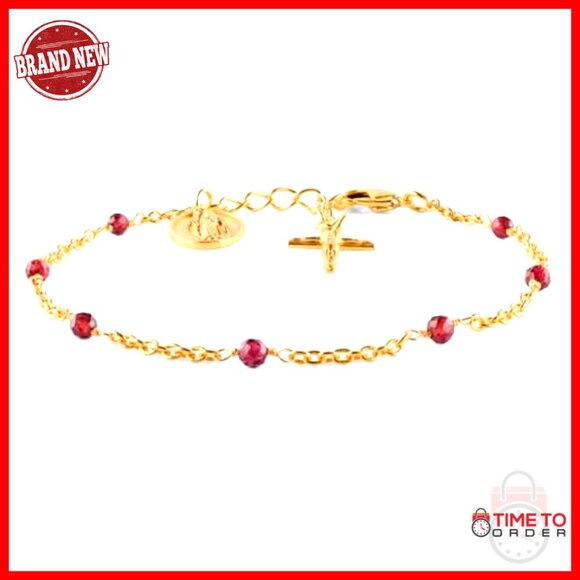 Faceted Garnet Bracelet 18K Gold Plated Lobster Clasp Adjustable Faith Charm - Picture 3 of 7